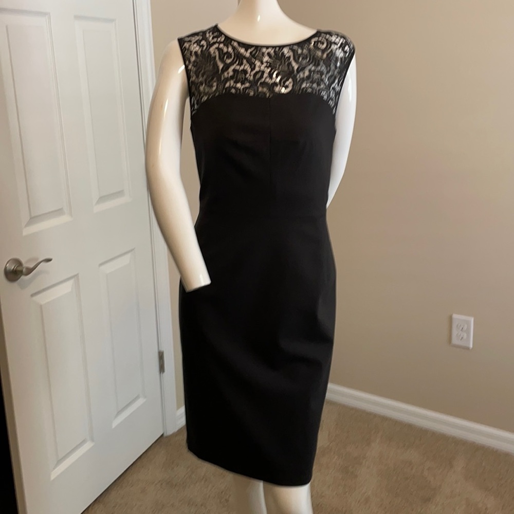 BOSS Hugo Boss Black Wool Sheath Dress 6 NWOT Lace Illusion Neckline Cocktail